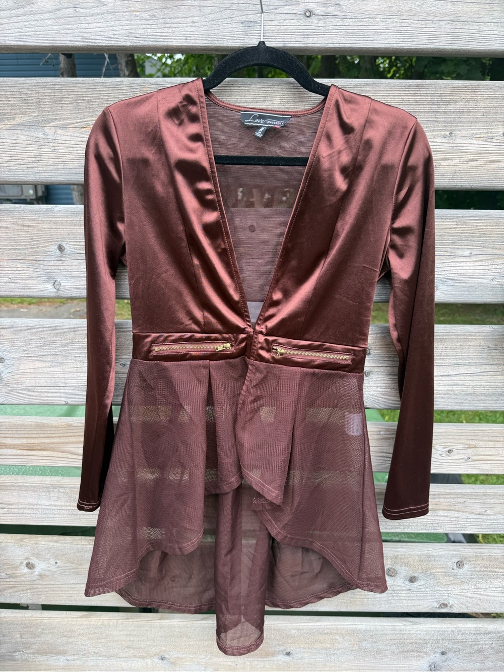 Brown Satin Mesh Peplum Top